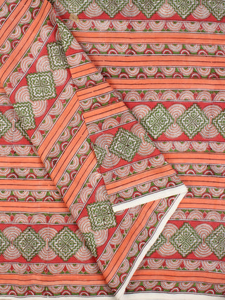 Peach Green Red Hand Block Printed Cotton Fabric Per Meter - F001F2351