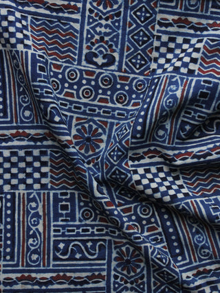Indigo Ivory Maroon Ajrakh Hand Block Printed Cotton Blouse Fabric - BPA010