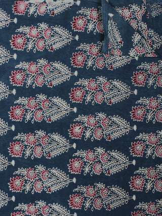 Indigo Maroon Ivory Ajrakh Block Printed Cotton Fabric Per Meter - F003F845