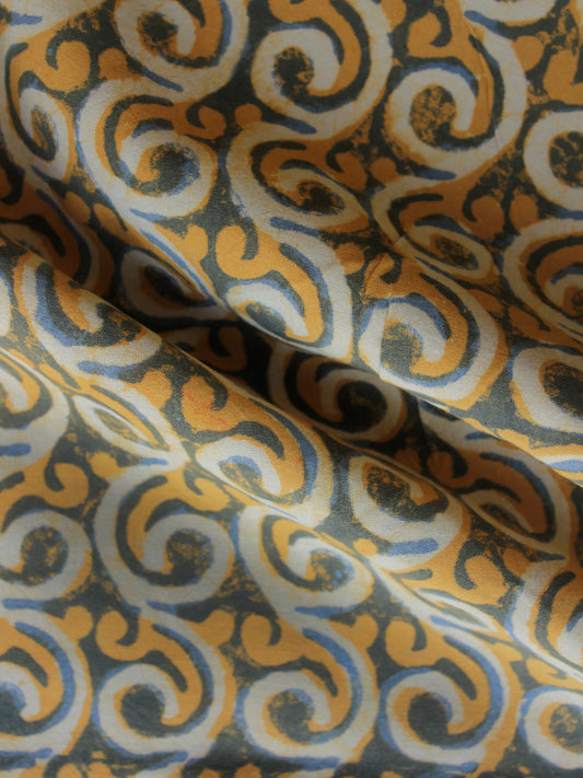 Mustard Yellow White Teal Green Hand Block Printed Cotton Fabric Per Meter - F003F1325