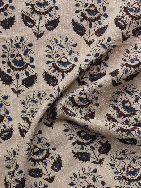 Beige Indigo Brown Kantha Embroidered Hand Block Printed Cotton Fabric - F004K1127