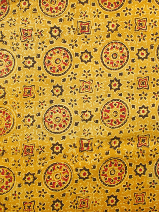 Yellow Black Maroon Ivory Ajrakh Hand Block Printed Cotton Fabric Per Meter - F003F1679