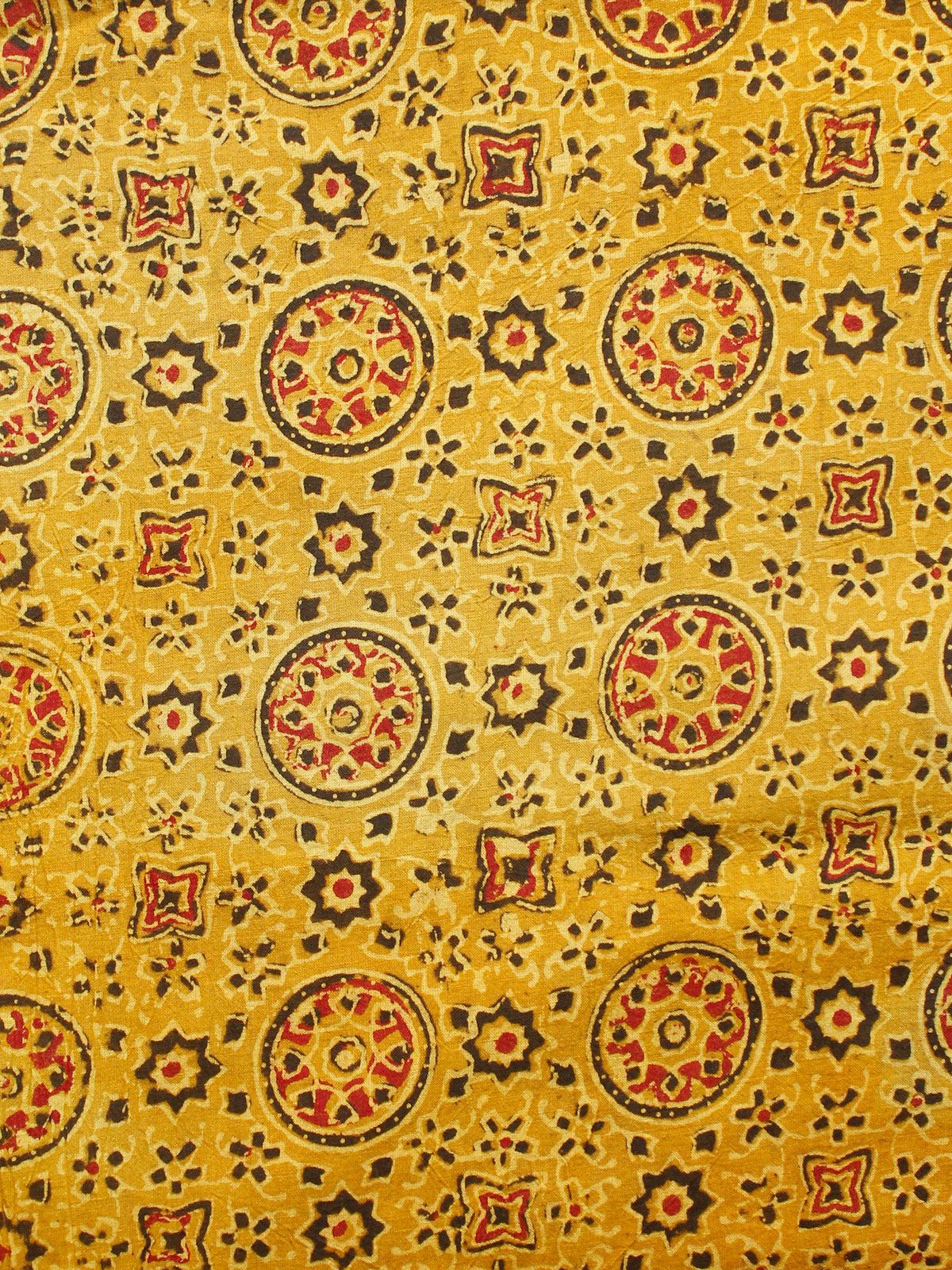 Yellow Black Maroon Ivory Ajrakh Hand Block Printed Cotton Fabric Per Meter - F003F1679