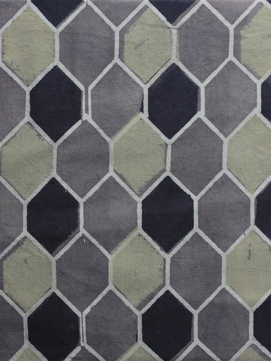 Grey Black Green Ajrakh Printed Cotton Fabric Per Meter - F003F1167