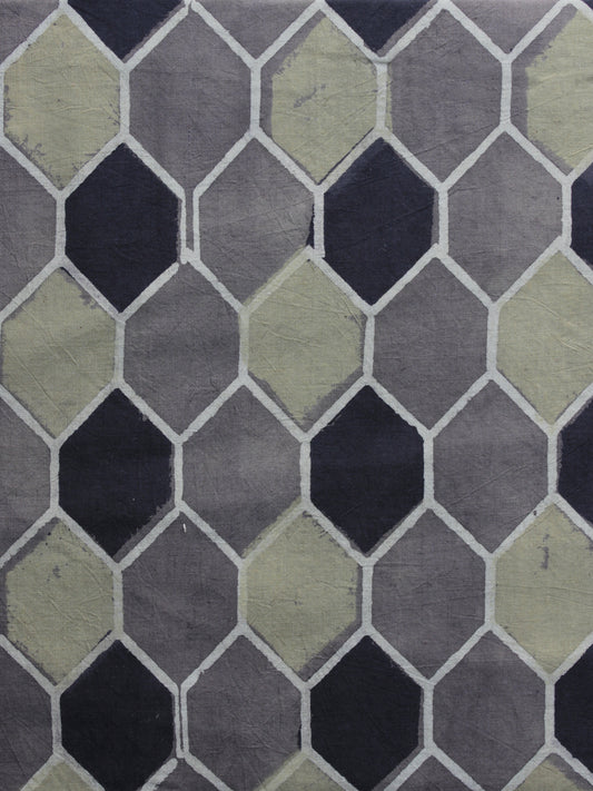 Grey Black Green Ajrakh Printed Cotton Fabric Per Meter - F003F1167