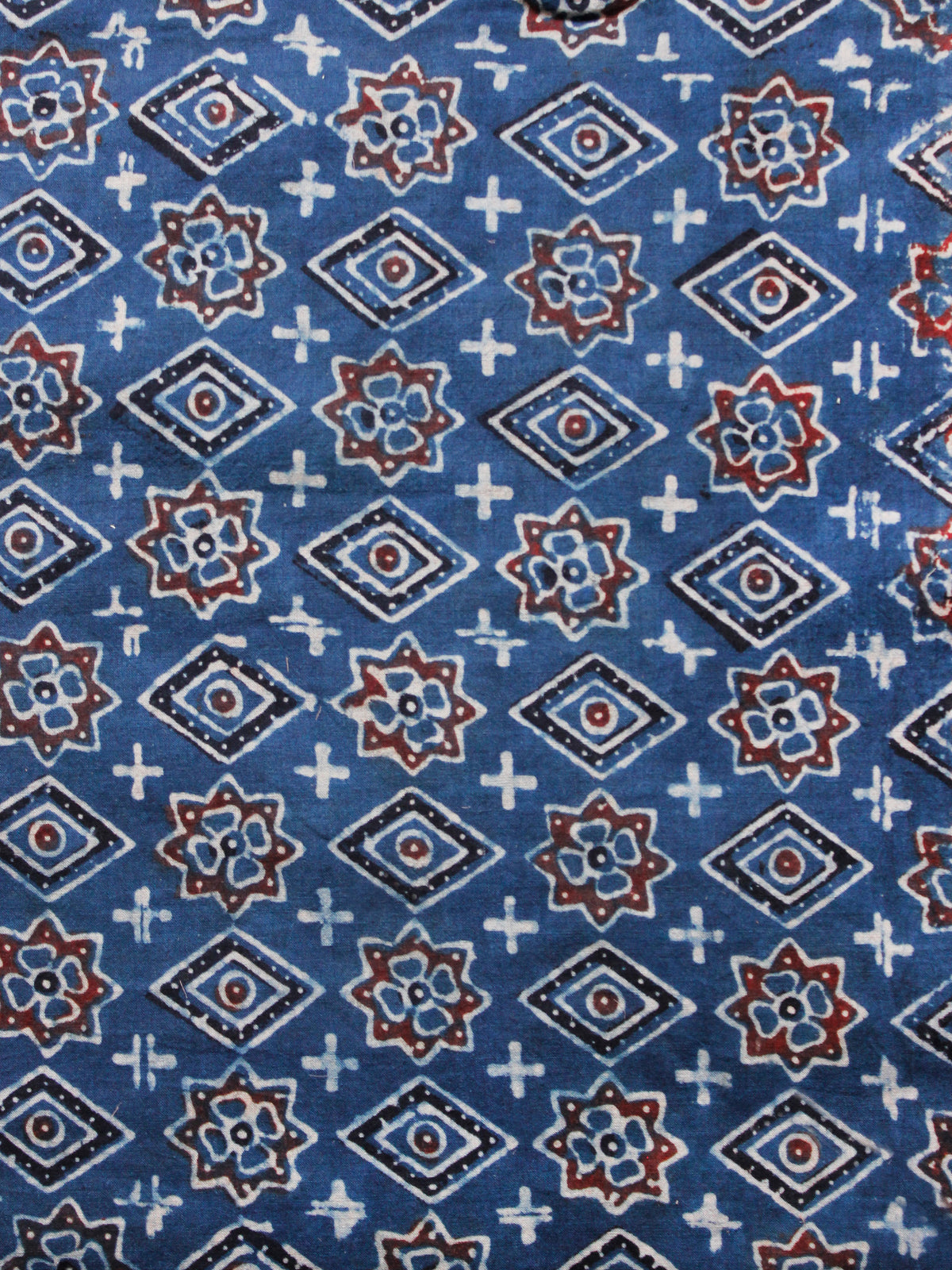 Indigo Rust Black White Ajrakh Hand Block Printed Cotton Fabric Per Meter - F003F1585