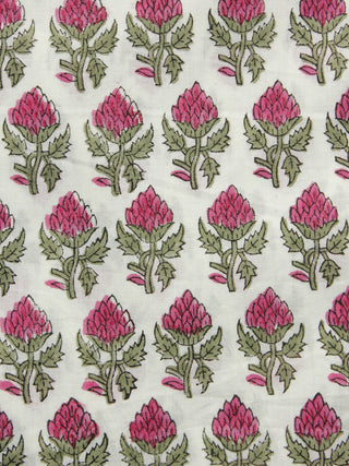 Ivory Green Pink Hand Block Printed Cotton Fabric Per Meter - F001F1057