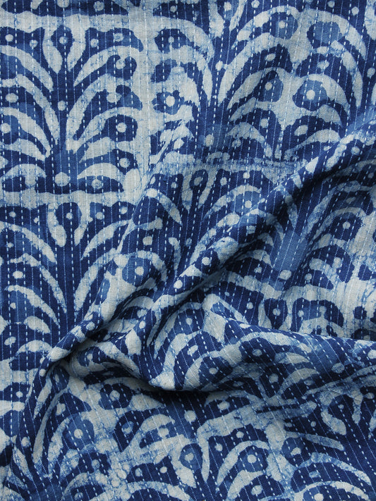 Indigo Ivory Kantha Embroidered Hand Block Printed Cotton Fabric - F004K1128