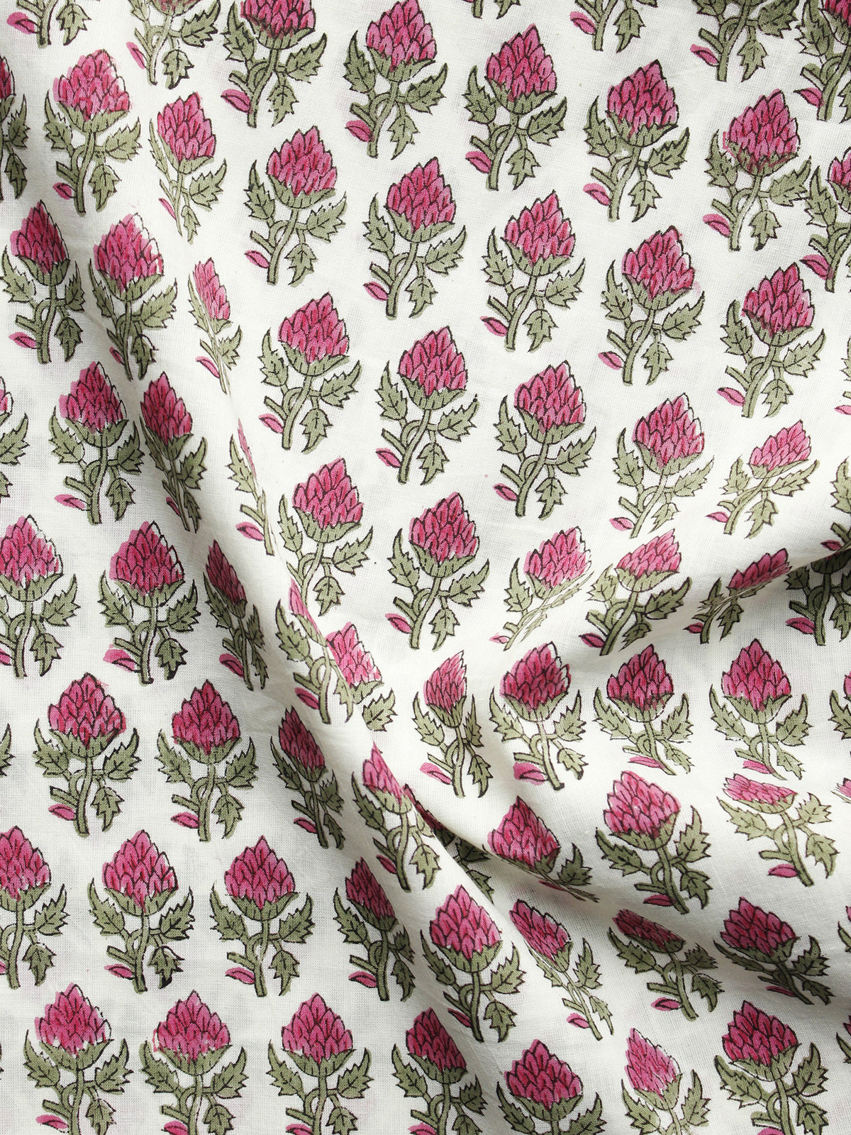 Ivory Green Pink Hand Block Printed Cotton Fabric Per Meter - F001F1057