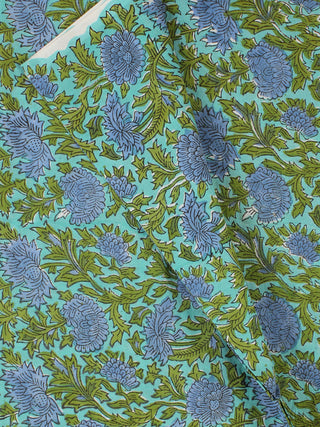 Blue Green Hand Block Printed Cotton Fabric Per Meter - F001F2304