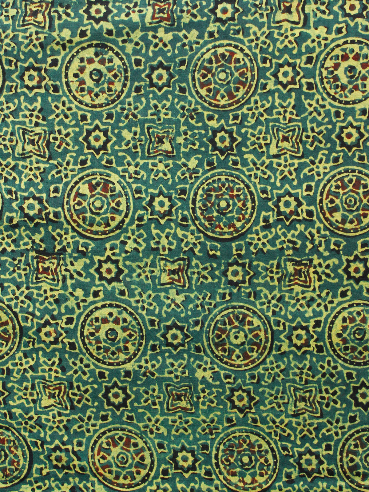 Green Yellow Black Rust Ajrakh Hand Block Printed Cotton Fabric Per Meter - F003F1682