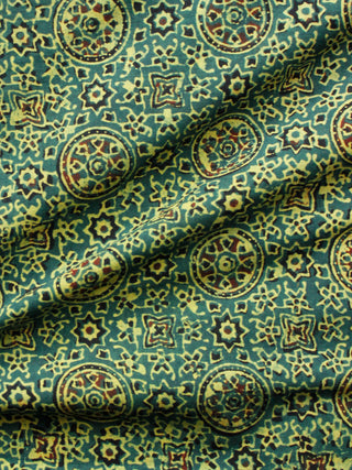Green Yellow Black Rust Ajrakh Hand Block Printed Cotton Fabric Per Meter - F003F1682