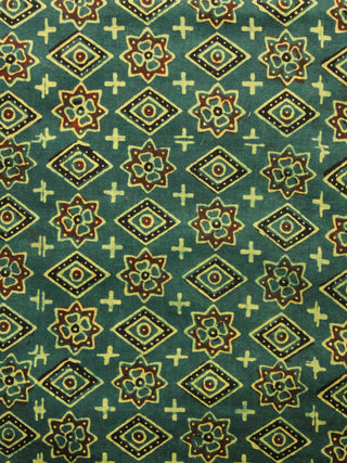 Green Rust Black Yellow Ajrakh Hand Block Printed Cotton Fabric Per Meter - F003F1586
