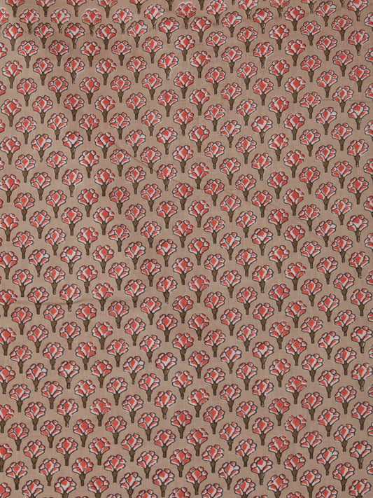 Tan Pink Green Block Printed Cotton Fabric Per Meter - F001F2389