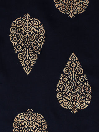 Navy Blue Gold Hand Block Printed Cotton Fabric Per Meter - F001F2001