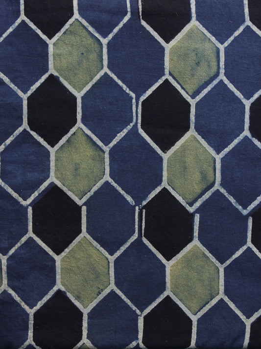 Indigo Black Green Ajrakh Printed Cotton Fabric Per Meter - F003F1168