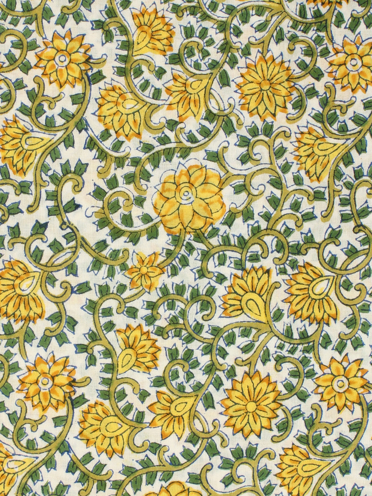 White Yellow Green Hand Block Printed Cotton Fabric Per Meter - F001F2171