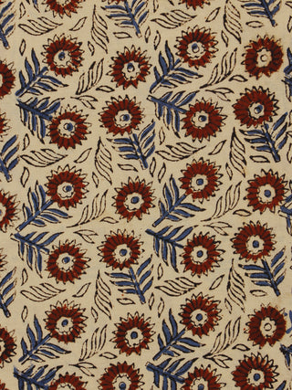 Beige Maroon Steel Blue Hand Block Printed Cotton Fabric Per Meter - F001F779