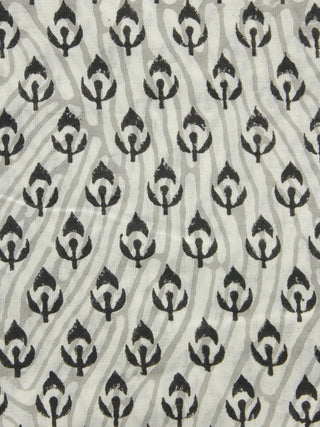 Ivory Grey Black Hand Block Printed Cotton Fabric Per Meter - F001F1058