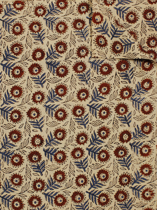 Beige Maroon Steel Blue Hand Block Printed Cotton Fabric Per Meter - F001F779