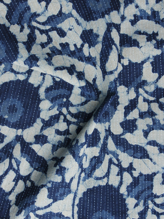 Indigo Ivory Kantha Embroidered Hand Block Printed Cotton Fabric - F004K1129