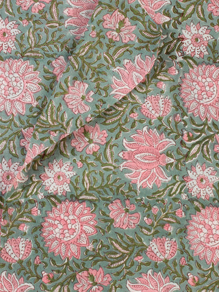 Green Pink Hand Block Printed Cotton Fabric Per Meter - F001F2305