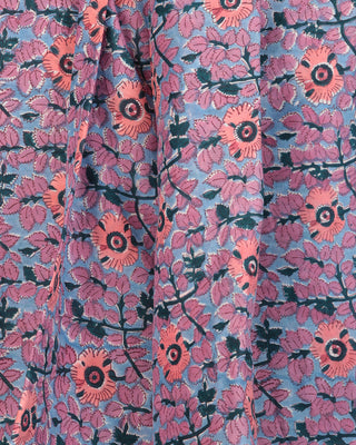 Cobalt Blue Teal Coral White Block Printed Cotton Fabric Per Meter - F001F2404