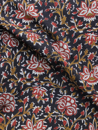 Black Peanut Brown Red Hand Block Printed Cotton Fabric Per Meter - F003F1223