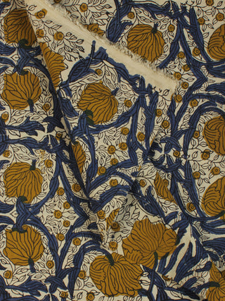 Ivory Indigo Mustard Hand Block Printed Modal Cotton Fabric Per Meter - F001F2137
