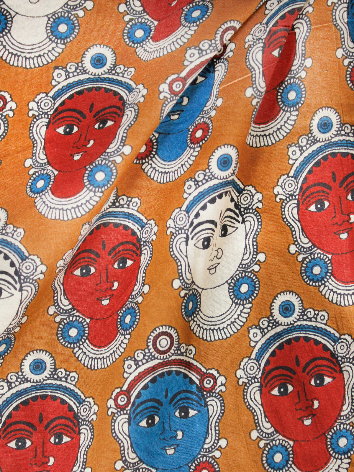 Mustard Red Blue Ivory Kalamkari Hand Block Printed Cotton Fabric Per Meter - F001F1490