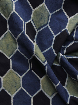 Indigo Black Green Ajrakh Printed Cotton Fabric Per Meter - F003F1168
