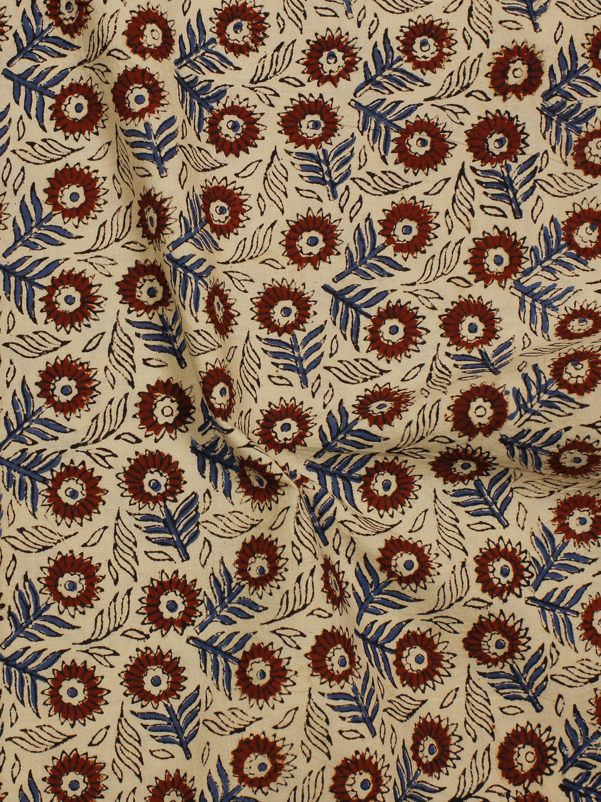 Beige Maroon Steel Blue Hand Block Printed Cotton Fabric Per Meter - F001F779