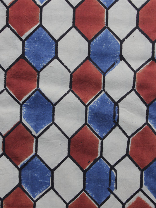 Beige Blue Red Ajrakh Printed Cotton Fabric Per Meter - F003F1169