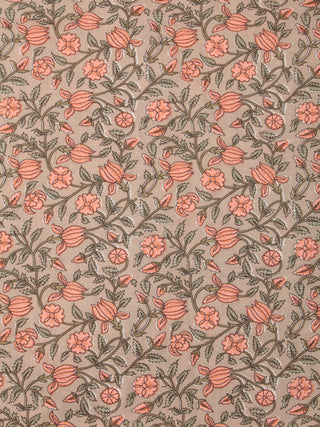 Tan Peach Green Block Printed Cotton Fabric Per Meter - F001F2388