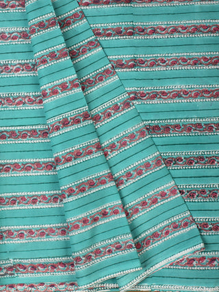 Sea Green Coral White Hand Block Printed Cotton Fabric Per Meter - F001F2278