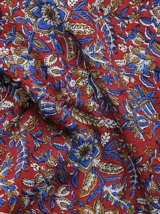 Red Blue Peanut Brown  Hand Block Printed Cotton Fabric Per Meter - F003F1224
