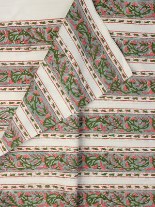 White Pink Green Hand Block Printed Cotton Fabric Per Meter - F001F2336