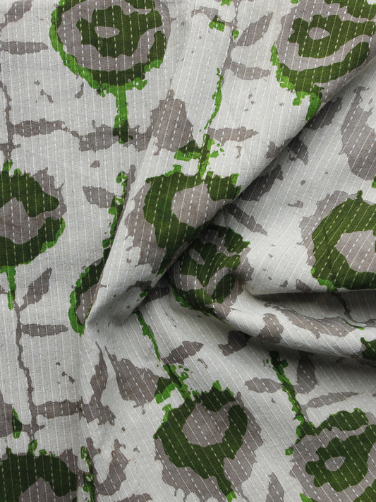 Kashish Green Ivory Kantha Embroidered Hand Block Printed Cotton Fabric - F004K1130