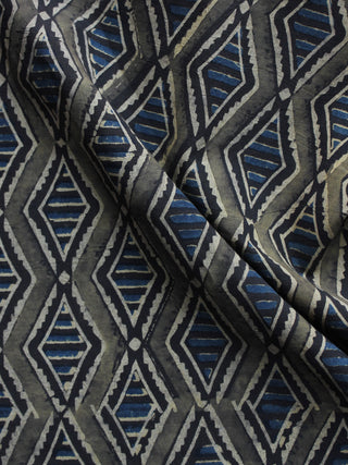 Grey Black Indigo Ivory Ajrakh Hand Block Printed Cotton Blouse Fabric - BPA013