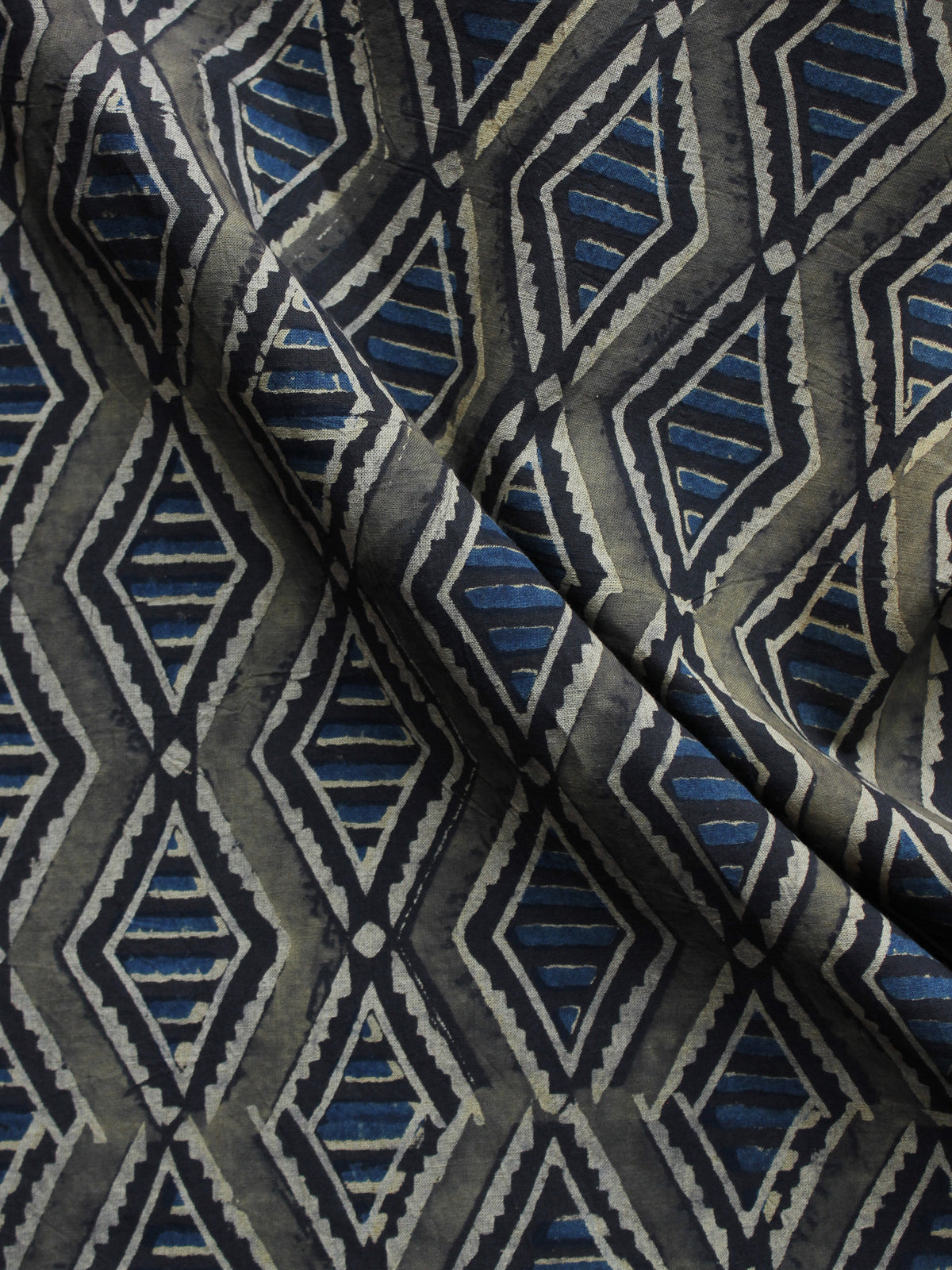 Grey Black Indigo Ivory Ajrakh Hand Block Printed Cotton Blouse Fabric - BPA013