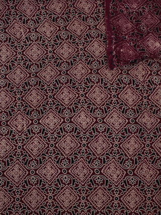 Maroon Ivory Black Ajrakh Block Printed Cotton Fabric Per Meter - F0916685