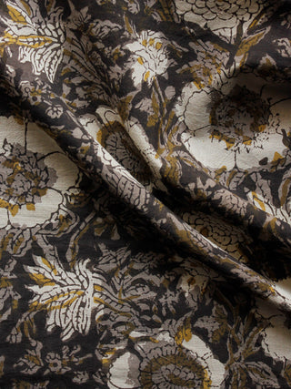 Brown Ivory Grey Hand Block Printed Cotton Fabric Per Meter - F001F1343