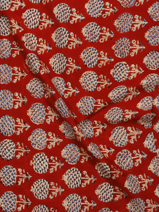 Dark Red Beige Blue Hand Block Printed Cotton Fabric Per Meter - F001F780