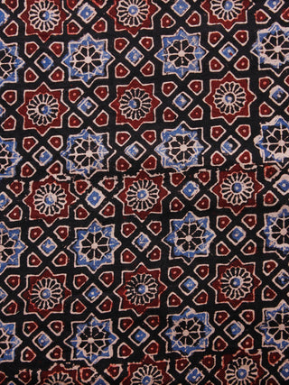 Oat Brown Black Maroon Ivory Ajrakh Hand Block Printed Cotton Fabric Per Meter - F003F1686