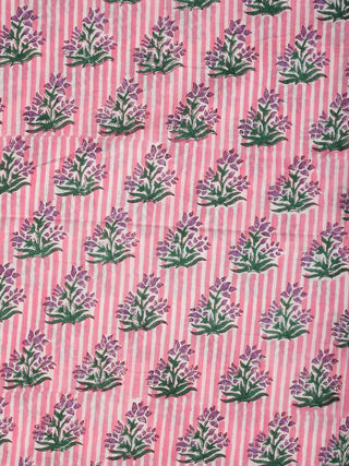 Pink Green White Block Printed Cotton Fabric Per Meter - F001F2213