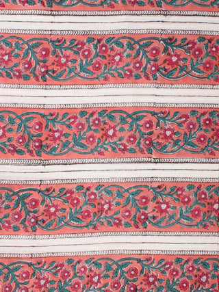Coral White Green Hand Block Printed Cotton Fabric Per Meter - F001F2277