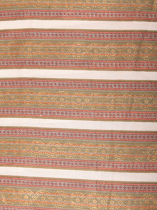 Tan Olive Green Pink Golden Block Printed Cotton Fabric Per Meter - F001F2387