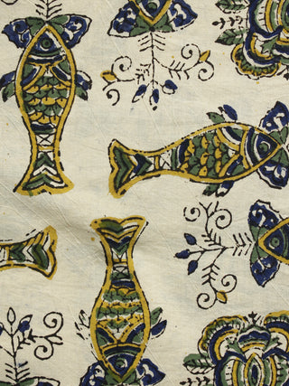 Beige Green Indigo Hand Block Printed Cotton Fabric Per Meter - F001F1060
