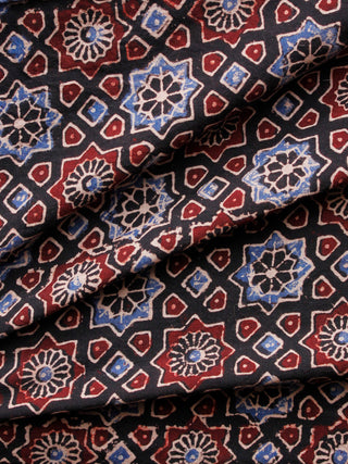 Oat Brown Black Maroon Ivory Ajrakh Hand Block Printed Cotton Fabric Per Meter - F003F1686