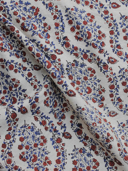 Ivory Red Blue Hand Block Printed Cotton Fabric Per Meter - F001F1149